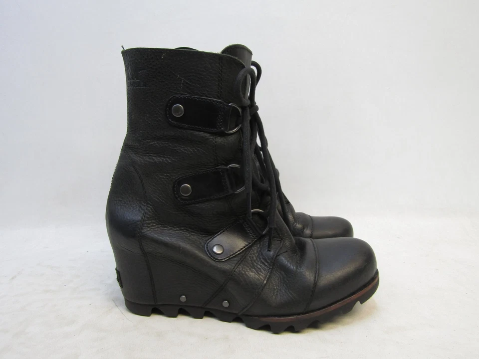 Sorel Womens Size 8 Black Leather Lace Up Wedge Ankle Fashion Boots Bootie - Image 3 of 4