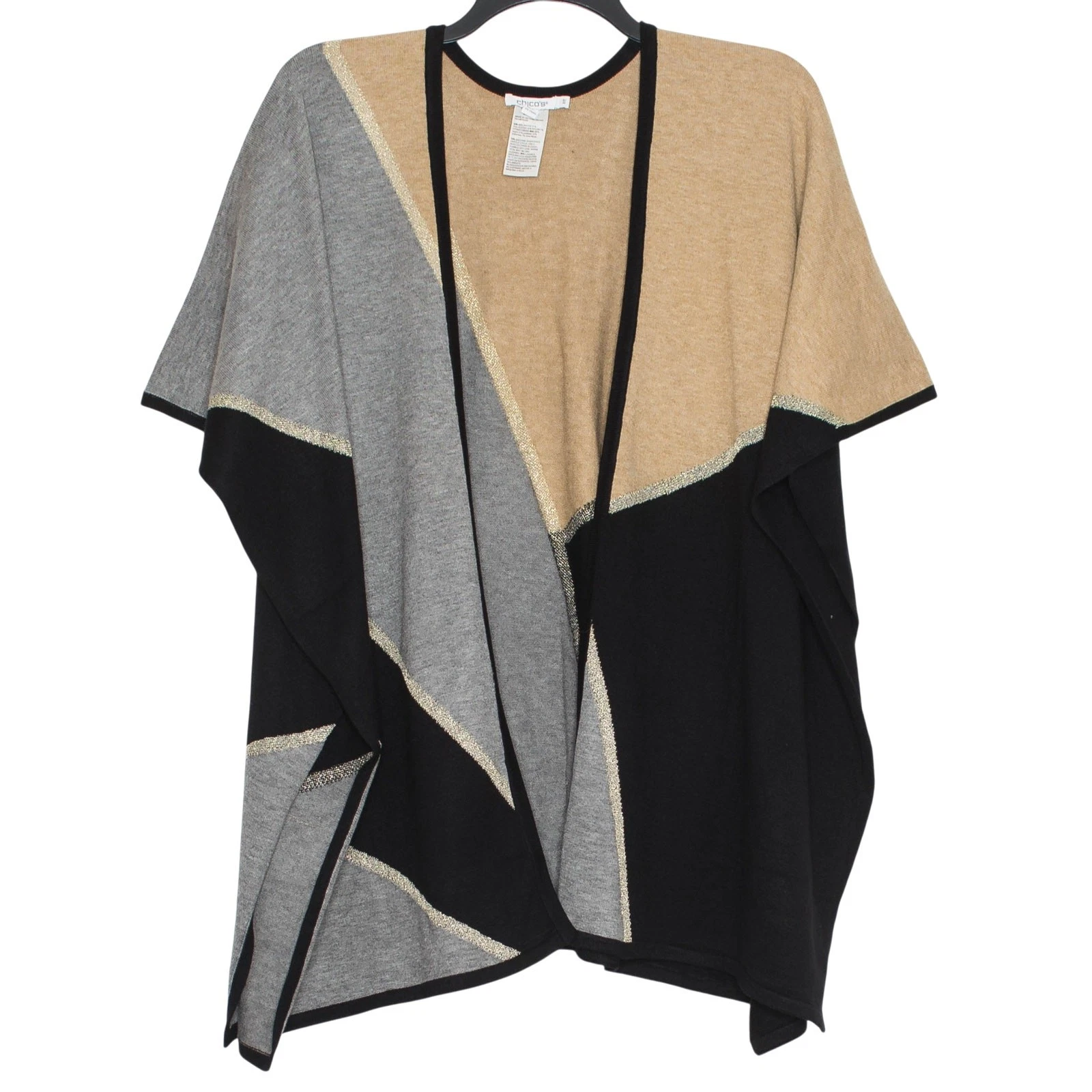 NEW Chicos Colorblock Open Front Ruana Wrap Poncho Metallic Boho Oversized S/M