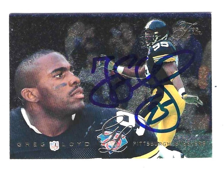 Signed 1995 Fleer Flair GREG LLOYD Pittsburgh Steelers card #165 w/ Show Ticket