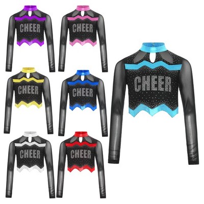 Girls Top Sports Cheer Leader Halloween Shirt Christmas Mesh Patchwork Dance