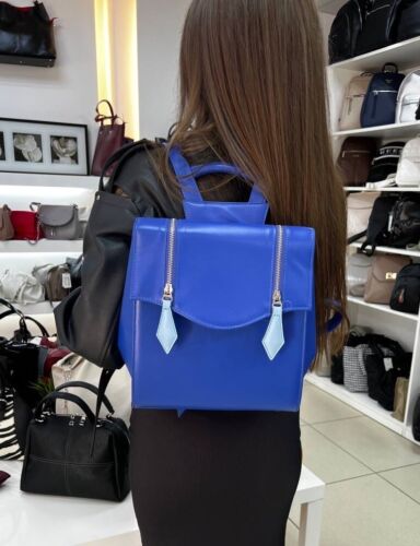 Women Backpack Italian Premium Leather Large Carry-on Limited Blue - Picture 1 of 9