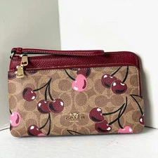 Coach Double Zip Phone Wallet Cherry Print Signature Canvas Wristlet CZ763