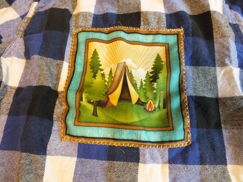 Upcycled Repurposed Flannel Shirt Boys M (8) Blue White Plaid Camping Tent Fire - Picture 2 of 6