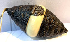 Moneta buddista tibetana cinese argento rame conchiglia oggetto rituale scatola 17 cm rara