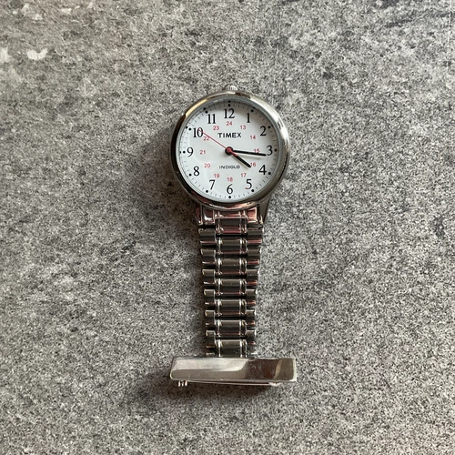 Vintage Timex 30mm Silver Tone Brooch Watch White Indiglo Dial Bin X