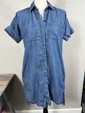Madewell Denim Chambray Shirt Dress High-Low Raw Hem Pockets Short Sleeve XXS