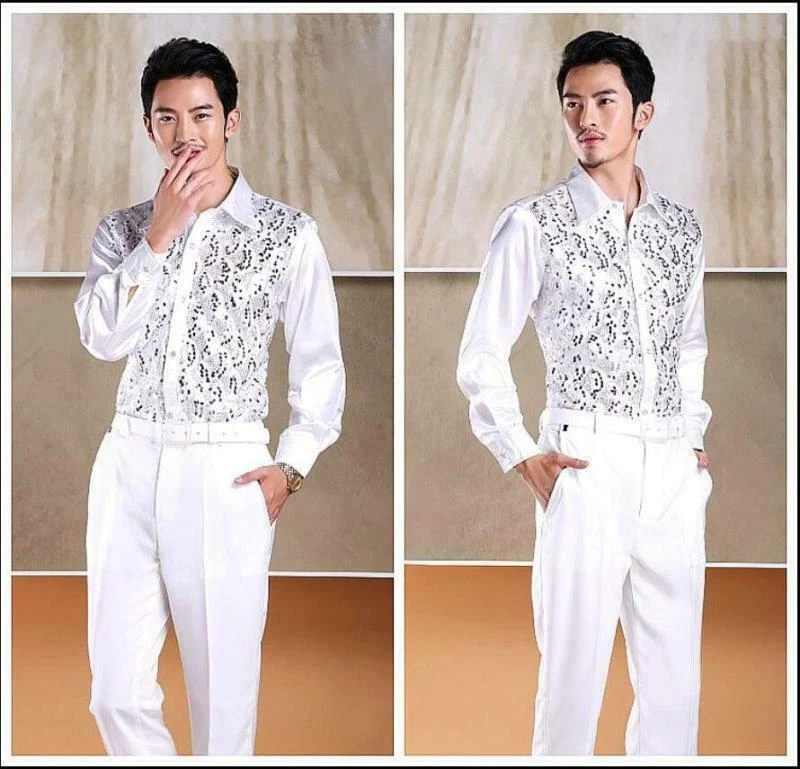 Camisa social masculina lantejoulas dança manga longa slim fit fantasia oca moda - Imagem 4 de 4