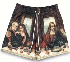 Men's  Last Supper Graphic Print Shorts,  Mesh Drawstring Shorts  Size XL