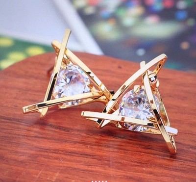 Womens Triangle Pierced Gold Crystal Zircon Stud Earrings