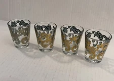 Vintage MCM Cora 22k Gold Trim & Green  Glass  Barware Lot Of 4