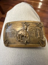 Vintage Cowboy Brass Belt Buckle Bronco Embossed Southwest Western Rodeo Theme