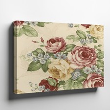 Vintage Floral Canvas Wall Art Pink Roses Blue Flowers Green Leaves Decor Print