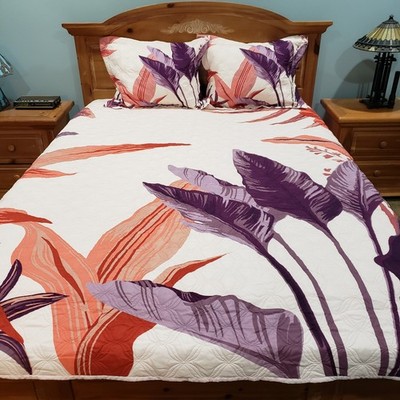 Quilt Queen Tropical Floral Coral Purple Botanical 3p Set Shams Modern Bedding