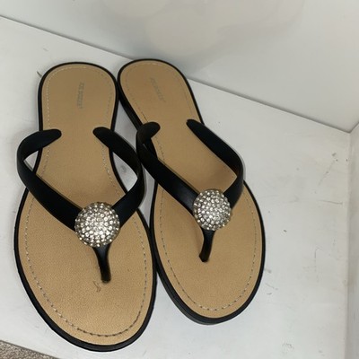 Women s Joe Boxer Flip Flop Sandals Black-white Rhinestone Wedge Thong Sz 8  
