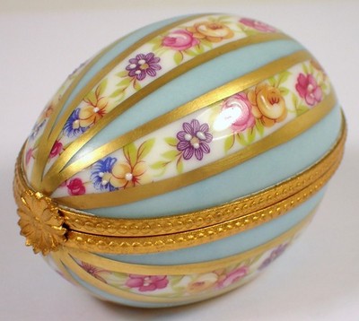 MINT Vtg 70s DUBARRY Limoges France Blue 24k Gold Striped Egg Trinket Box