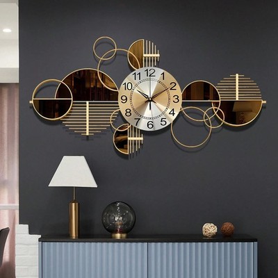 Metal Wall Clock 3D Decorative Silent No Ticking 34x17 in for Living Room
