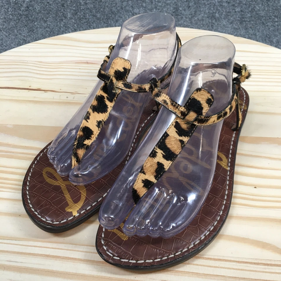 Sandalias Sam Edelman para mujer 10 Gigi estampado de leopardo tanga con tirantes planos de piel marrón Foto 3 de 4