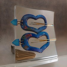 2 Vtg 1970's Hair Clip Barrettes Slide Heart Blue Painted Floral 2.5 Taiwan