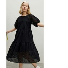 Everlane Tiered Eyelet Dress M Womens Black Keyhole Puff Sleeve Cottage Core