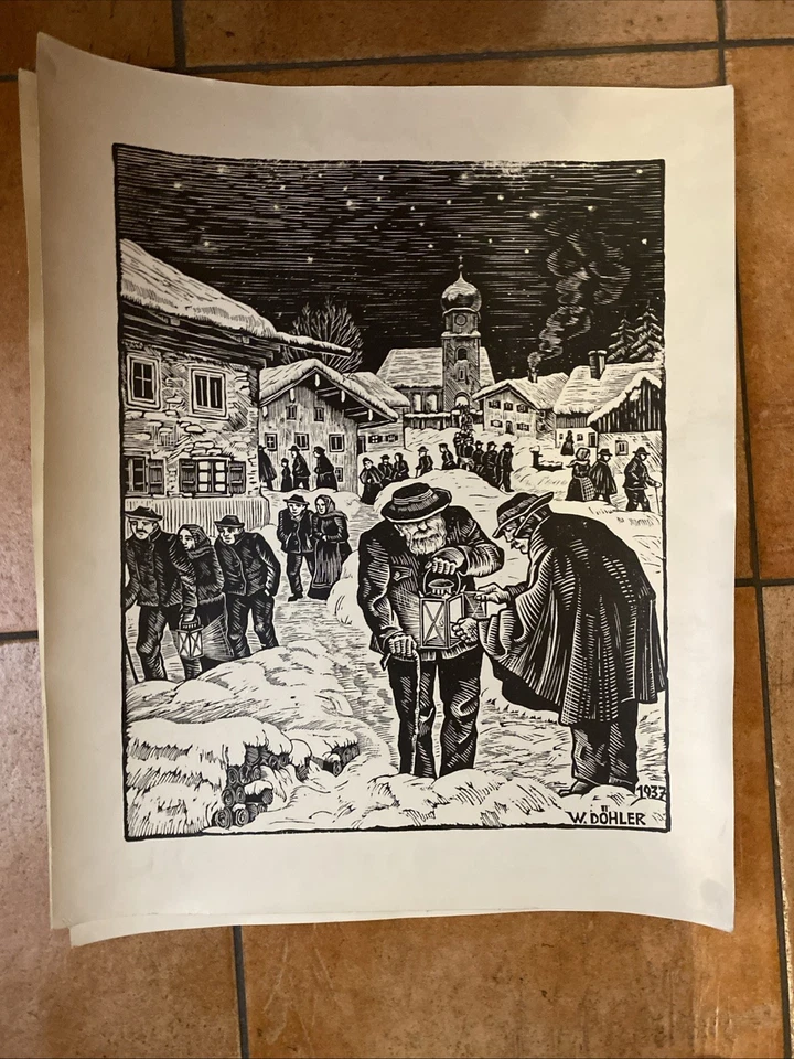 2 Holzschnitte Willi Döhler Eisstockschützen und Bergweihnacht 1934-37