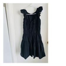 Black Smocked Mini Sundress Ruffle Sleeve Scoop Neck Sleeveless Polyester S