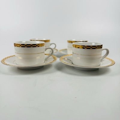 Sango Caroline 8870 Cup & Saucer Set of 4 Gold Checkered Rim White China