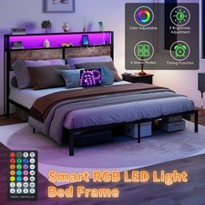 Bed Frame Full/Queen/King Size with 2-Tier Storage and LED Lights Headboard USA