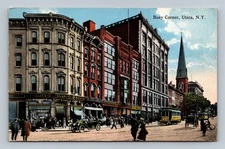 Vintage Busy Corner Utica NY Street Scene Postcard 1915 Early Auto