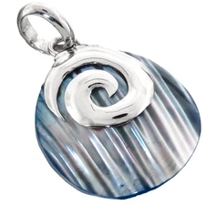 925 Sterling Silver Blue Mother Of Pearl Turbo Shell Sterling Pendant, 1 3/8"