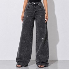 Women s Black Rhinestone Wide Leg Jeans XL High Waist Sparkly Denim Pants