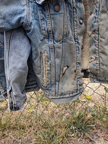 Vintage Denim Jacket Sherpa Size M/L Burnout Hesher Punk Jacket. Amazing Patina image 2