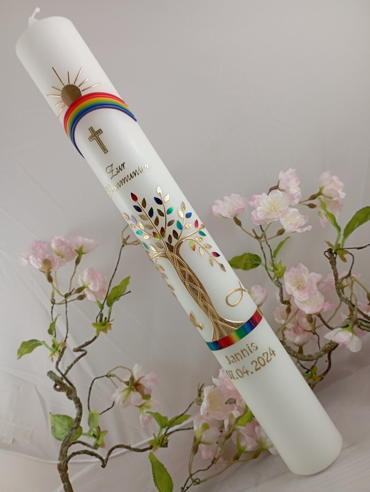 Taufkerze lang Kommunionkerze Lebensbaum Jungen Mädchen Wachsverzierung 40x4 cm