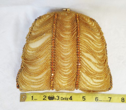 Vintage 50s Warborg Evening Hand Bag Clutch Purse Gold Silk Beaded Hong Kong - Picture 7 of 8