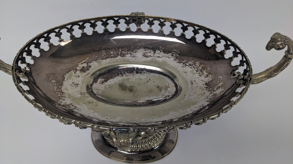 Vintage Silver Plated Twin Handle Decorative Pedestal Centerpiece Bowl