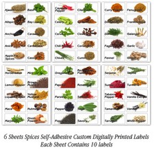 60 KITCHEN SPICES HERB JAR BOTTLES RECTANGLE ILLUSTRATED PRINTED STICKERS LABELS