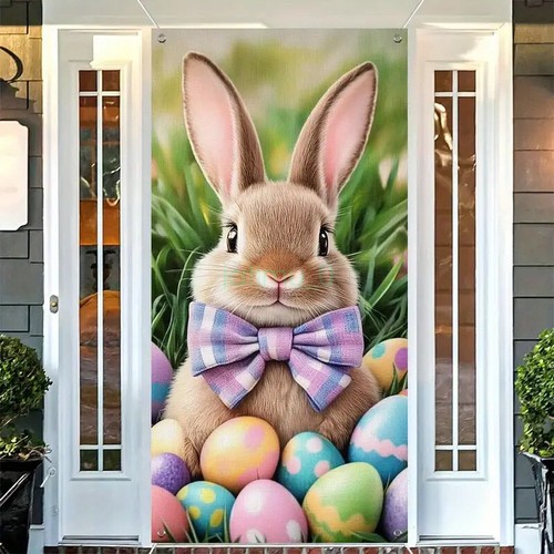 2025 Easter Door Cover Easter Colorful Eggs Rabbit Flower Door Backdrop Decor - Picture 37 of 43