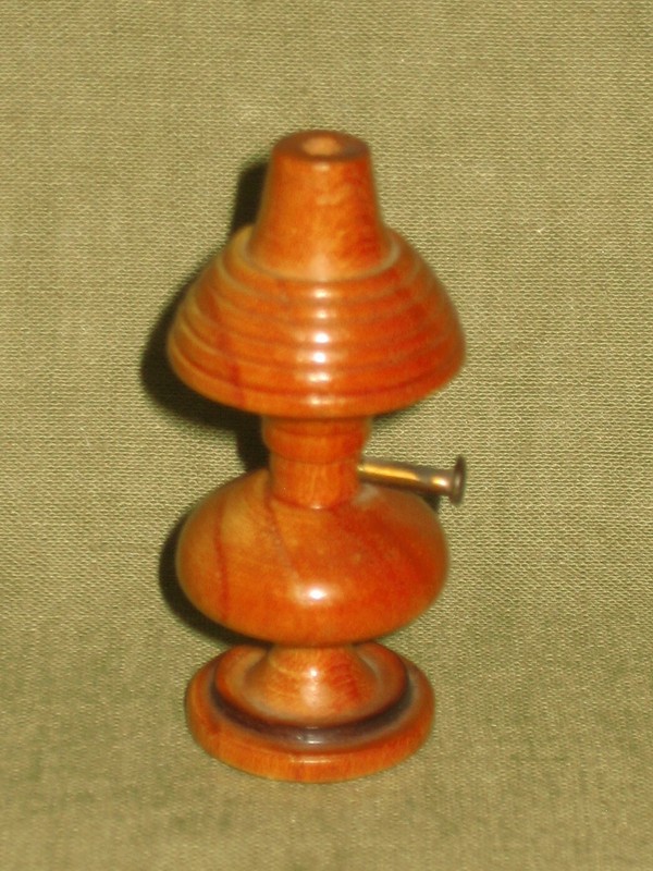 1940's HAND TURNED WOOD MINIATURE KEROSENE LAMP MARKED WITH LOCAL & DATE   (X)