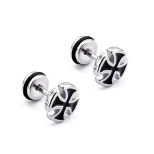Men's Black Silver Cross Screw Back Stud Earrings Stainless Steel Jewelry Gift