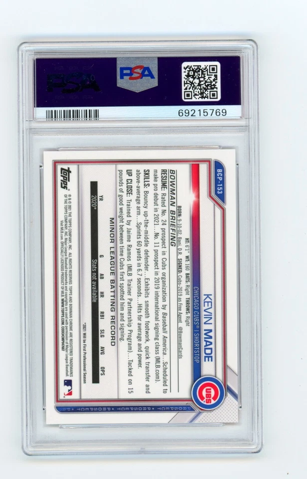 2021 Bowman Chrome Prospects 1st ORANGE #BCP153 Kevin Made /75 - PSA 9 - Cubs 🔵 - Image 2 of 2