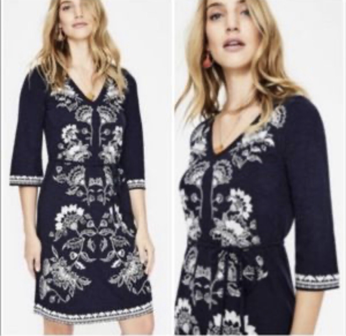Boden Clemmie Embroidered Cotton Dress Women's Size 2 R Navy Blue Floral -K1