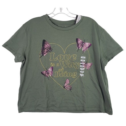 Grayson Threads Butterfly Graphic T-Shirt Love is a Way Being Green Cropped Sz L