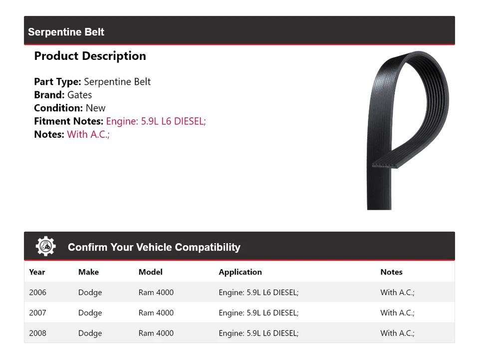 Para 2006-2008 Dodge Ram 4000 5.9L L6 DIESEL Serpentine Belt Gates 2007 - Imagem 2 de 4