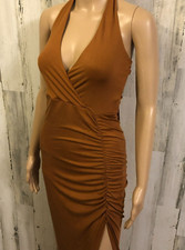 Sexy FOREVER 21 Halter Bodycon Dress Sz S Sage Brown Stretch Ruched