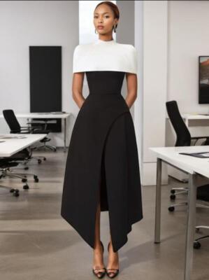 Women's Fashion Mock Neck Two Tone Cape Slit Flared Evening Party Dress 