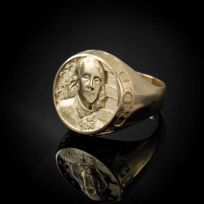 Solid Gold Benjamin Franklin Mens Signet Ring 10k Yellow or White Gold