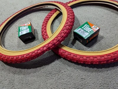 DURO/MADE FOR INNOVA TWO (2) DURO RED/GUMS BMX BICYCLE TIRES 20X2.125 (57-406) & TUBES,COMP 3 STYLE