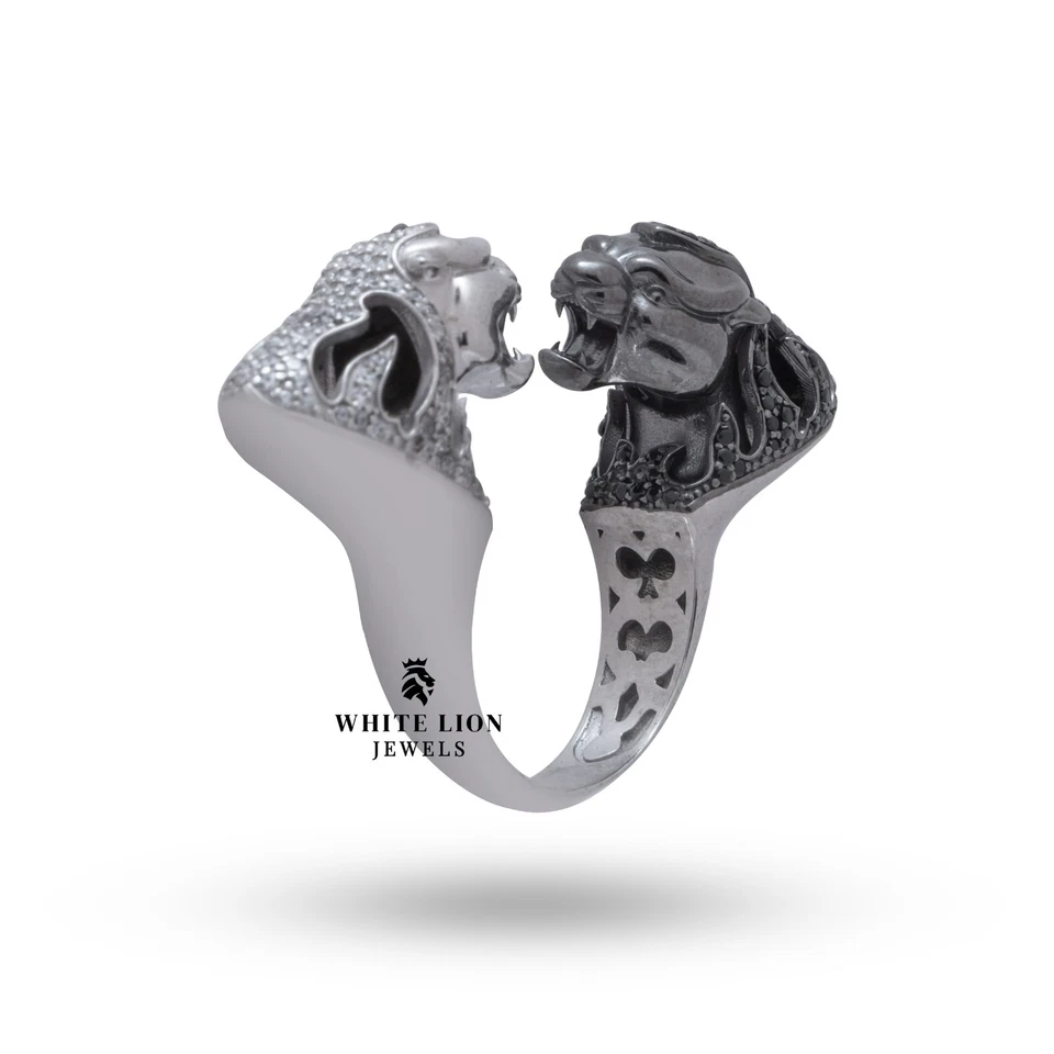 Anello In Argento Sterling 925 Con Pantere E Giaguari In Bianco E Nero - Immagine 3 di 4
