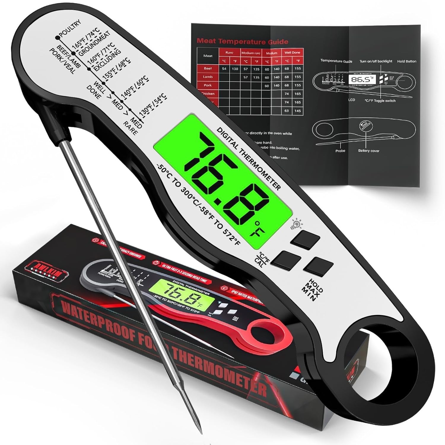 AWLKIM Instant Read Digital Meat Thermometer - Waterproof, Backlight IP67- Black