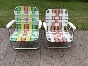 2 Vintage Low Short Rainbow Colored Webbed Aluminum Folding Beach Lawn  Chairs
