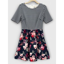 Eliza J Navy Stripe Floral Fit & Flare Dress Size 6 Scuba Midi Stretch Pockets